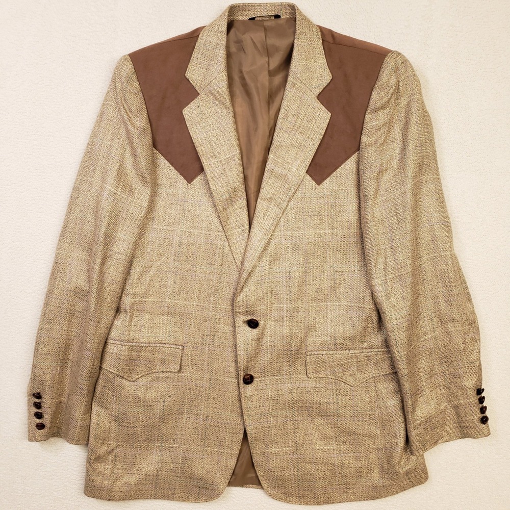 Grand Entry Sport Coat Mens 42L Tan Western Suede Yoke Windowpane Tweed Blazer